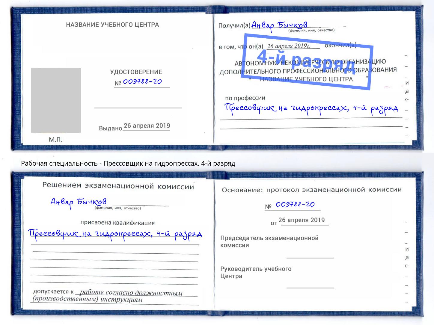 корочка 4-й разряд Прессовщик на гидропрессах Ногинск