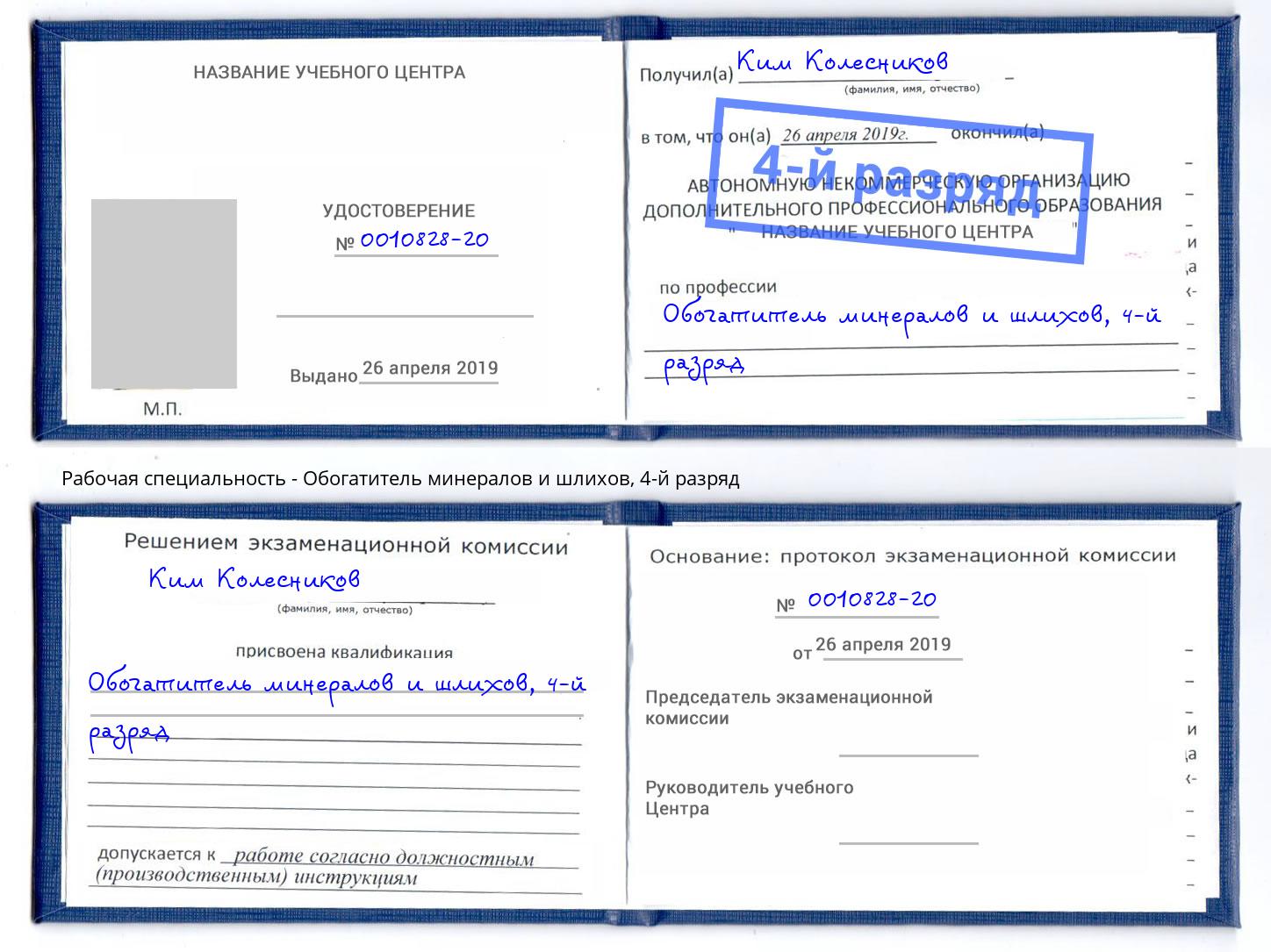 корочка 4-й разряд Обогатитель минералов и шлихов Ногинск