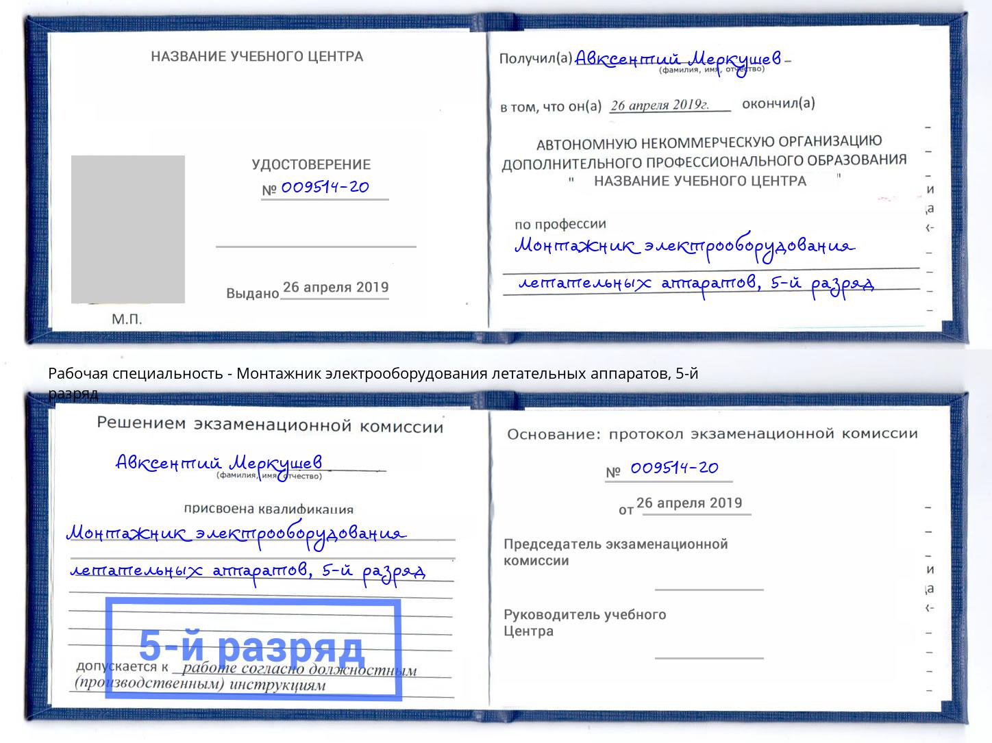 корочка 5-й разряд Монтажник электрооборудования летательных аппаратов Ногинск