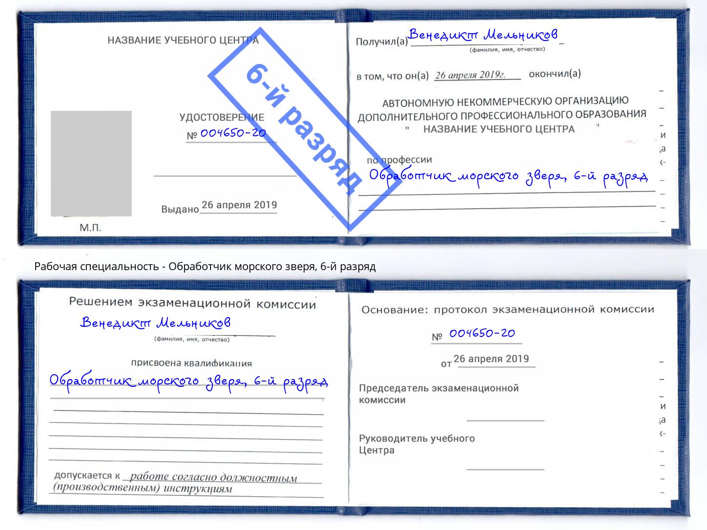 корочка 6-й разряд Обработчик морского зверя Ногинск