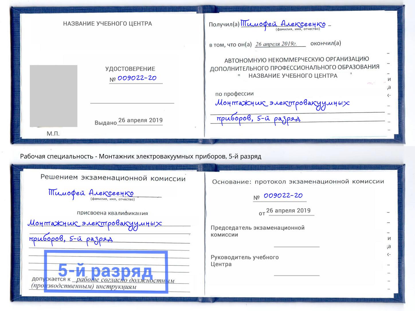 корочка 5-й разряд Монтажник электровакуумных приборов Ногинск