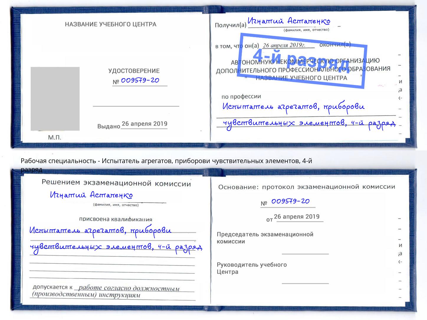 корочка 4-й разряд Испытатель агрегатов, приборови чувствительных элементов Ногинск