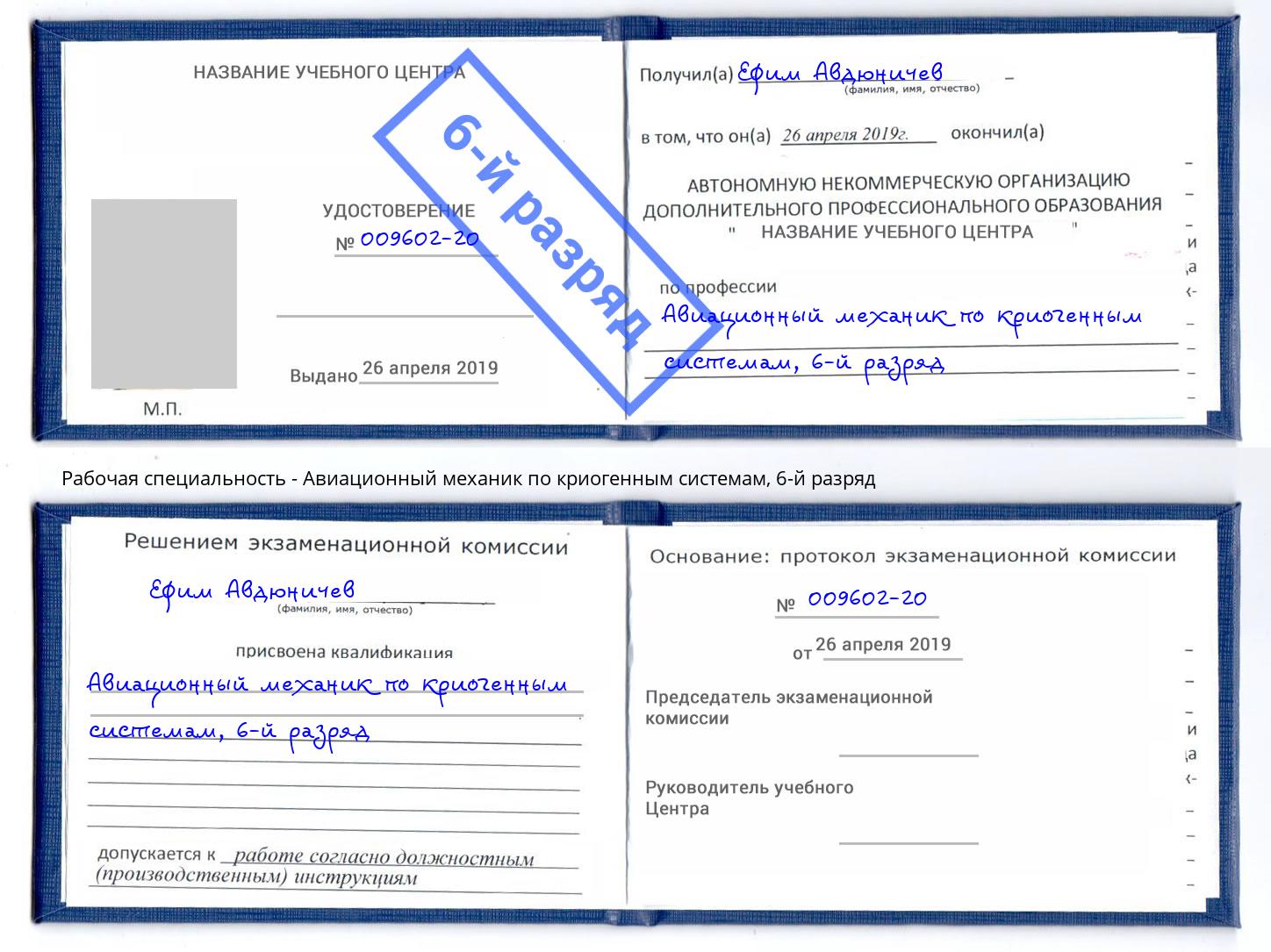 корочка 6-й разряд Авиационный механик по криогенным системам Ногинск