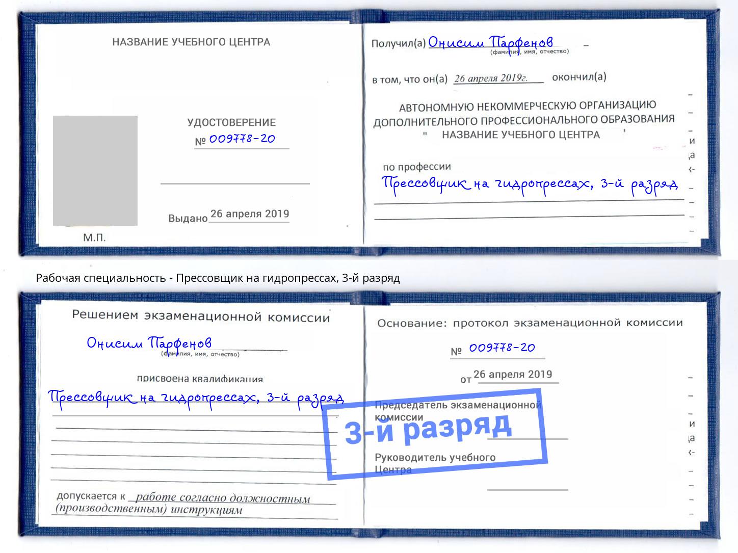 корочка 3-й разряд Прессовщик на гидропрессах Ногинск