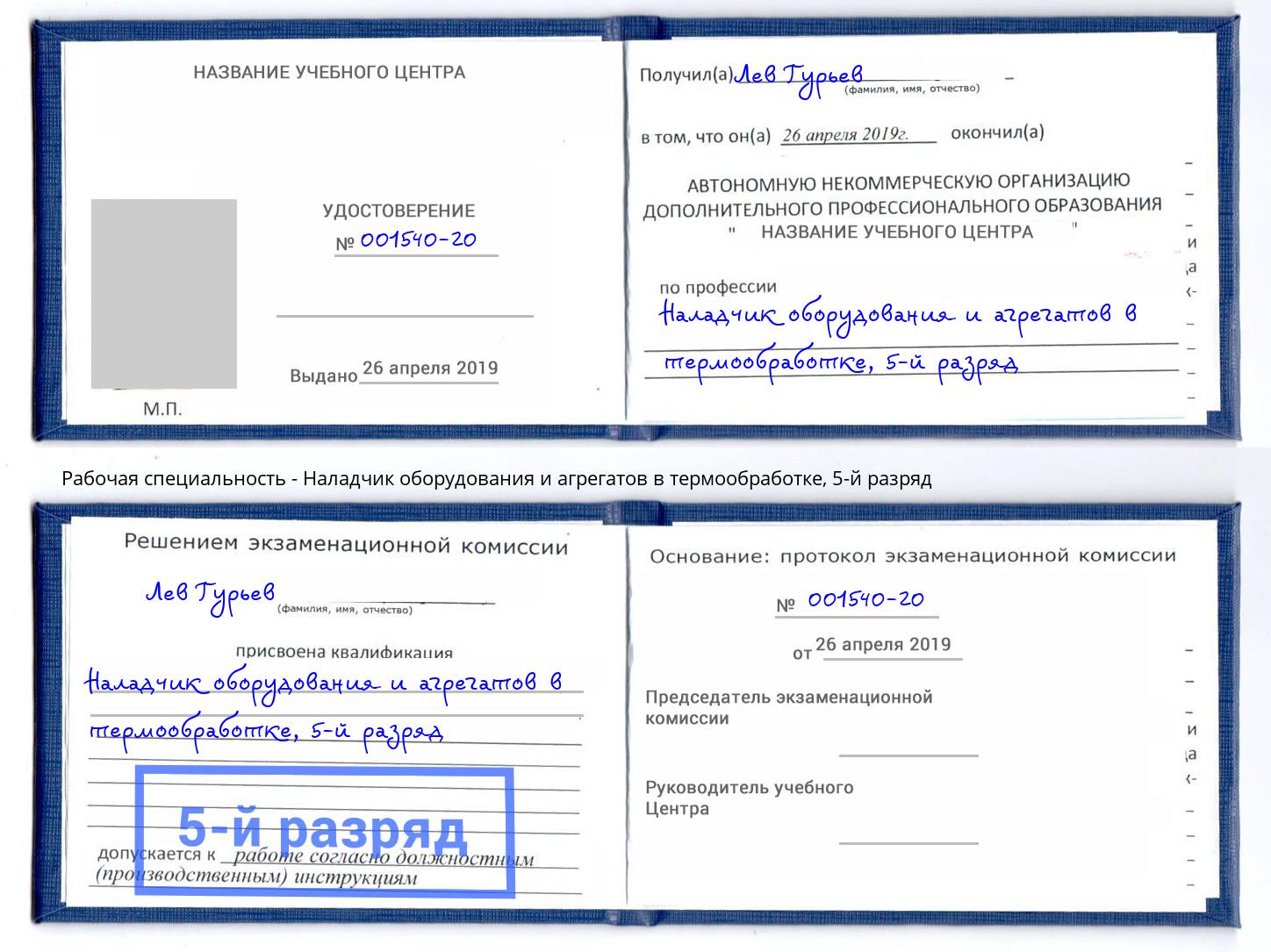 корочка 5-й разряд Наладчик оборудования и агрегатов в термообработке Ногинск