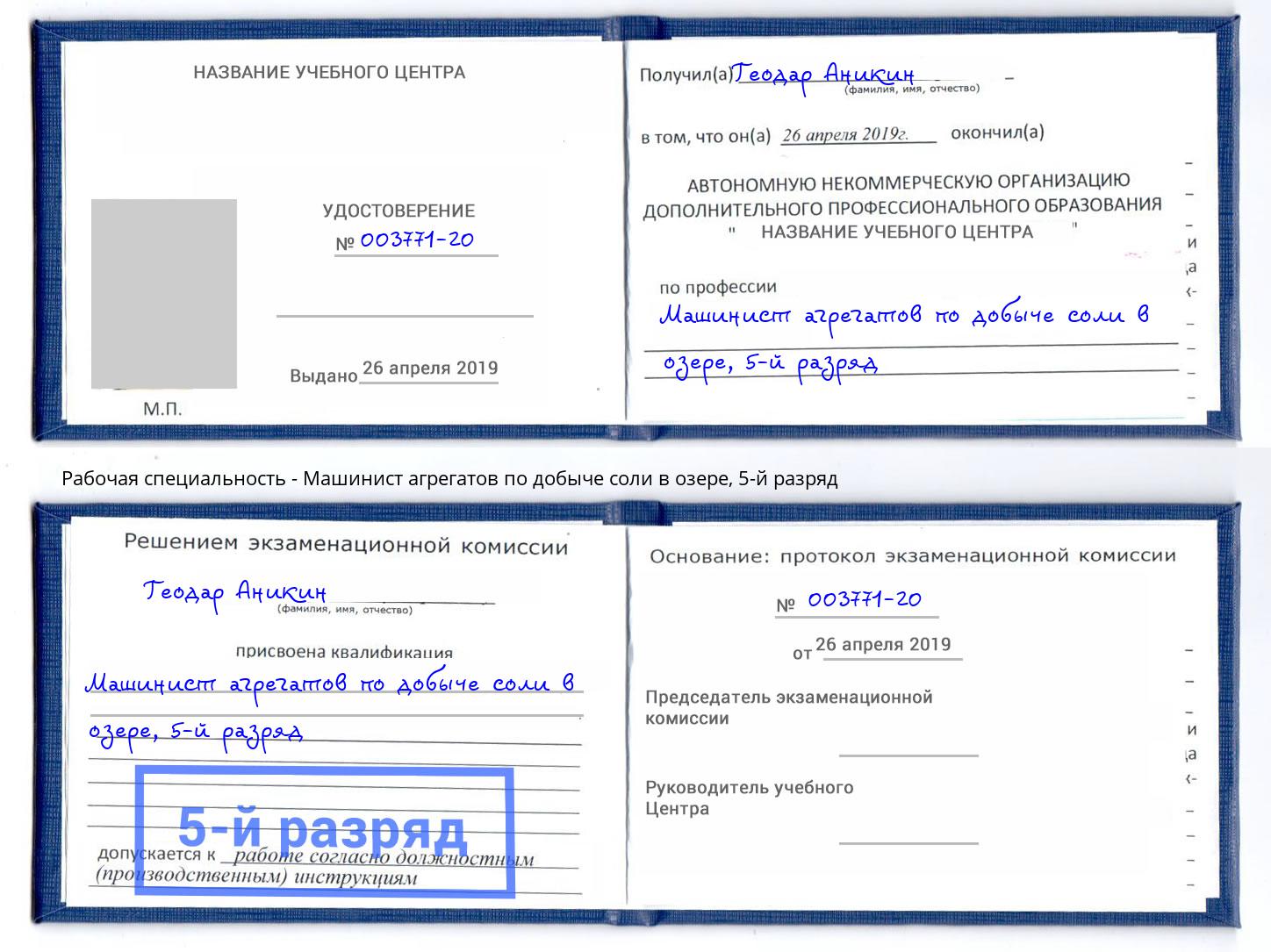 корочка 5-й разряд Машинист агрегатов по добыче соли в озере Ногинск