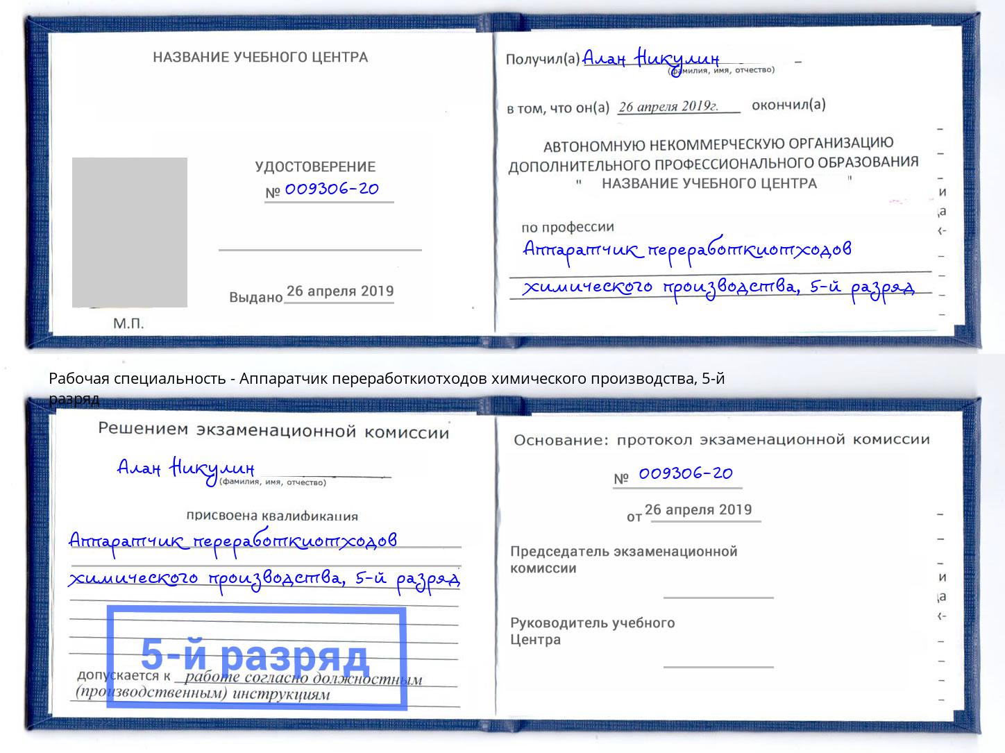 корочка 5-й разряд Аппаратчик переработкиотходов химического производства Ногинск