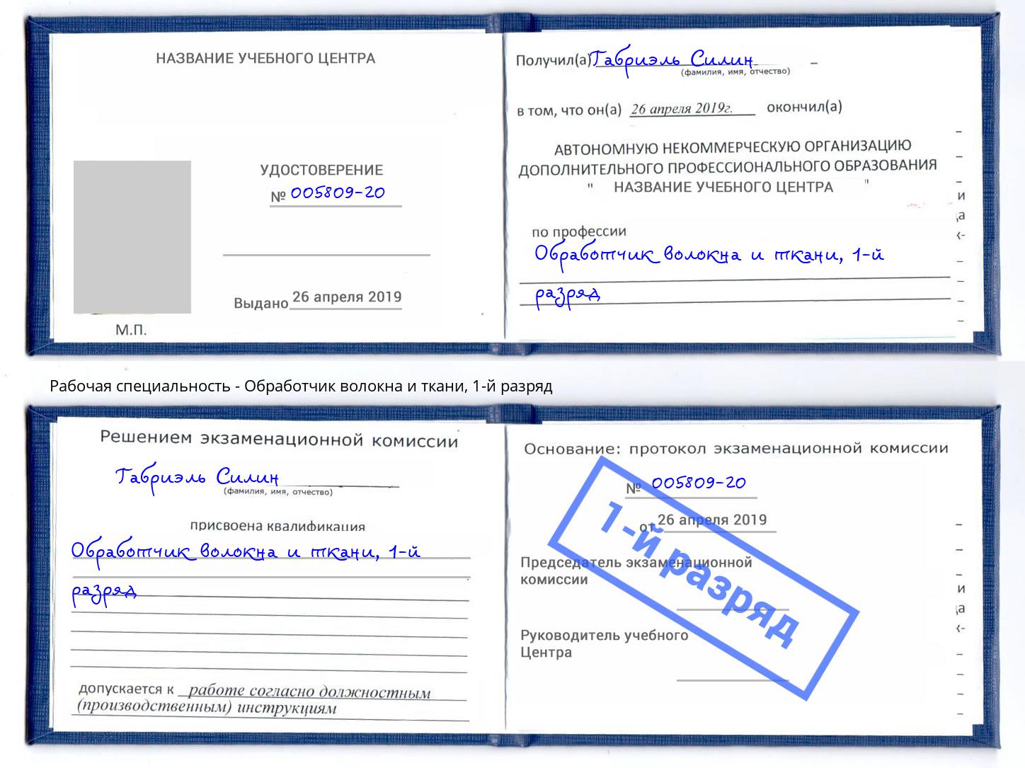 корочка 1-й разряд Обработчик волокна и ткани Ногинск