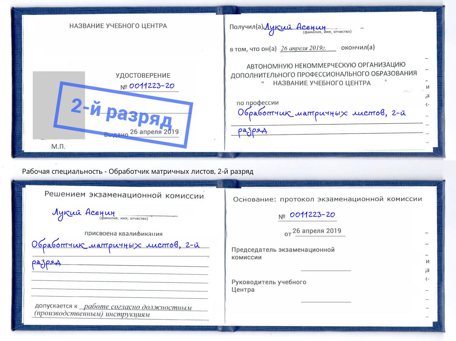 корочка 2-й разряд Обработчик матричных листов Ногинск