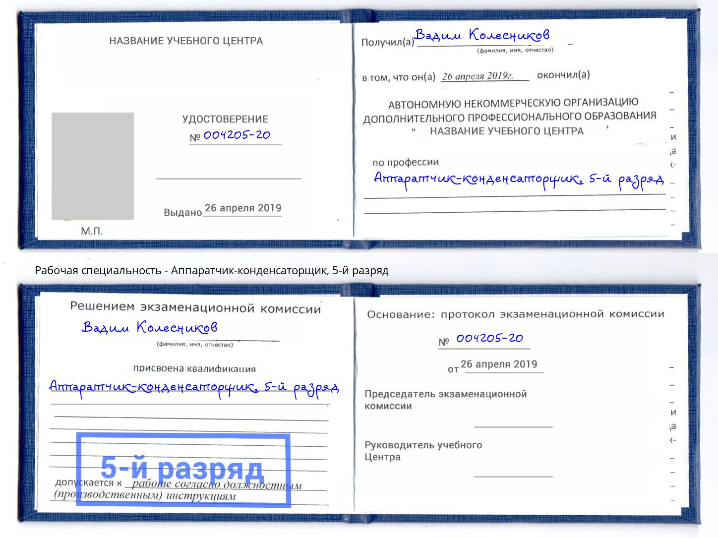 корочка 5-й разряд Аппаратчик-конденсаторщик Ногинск