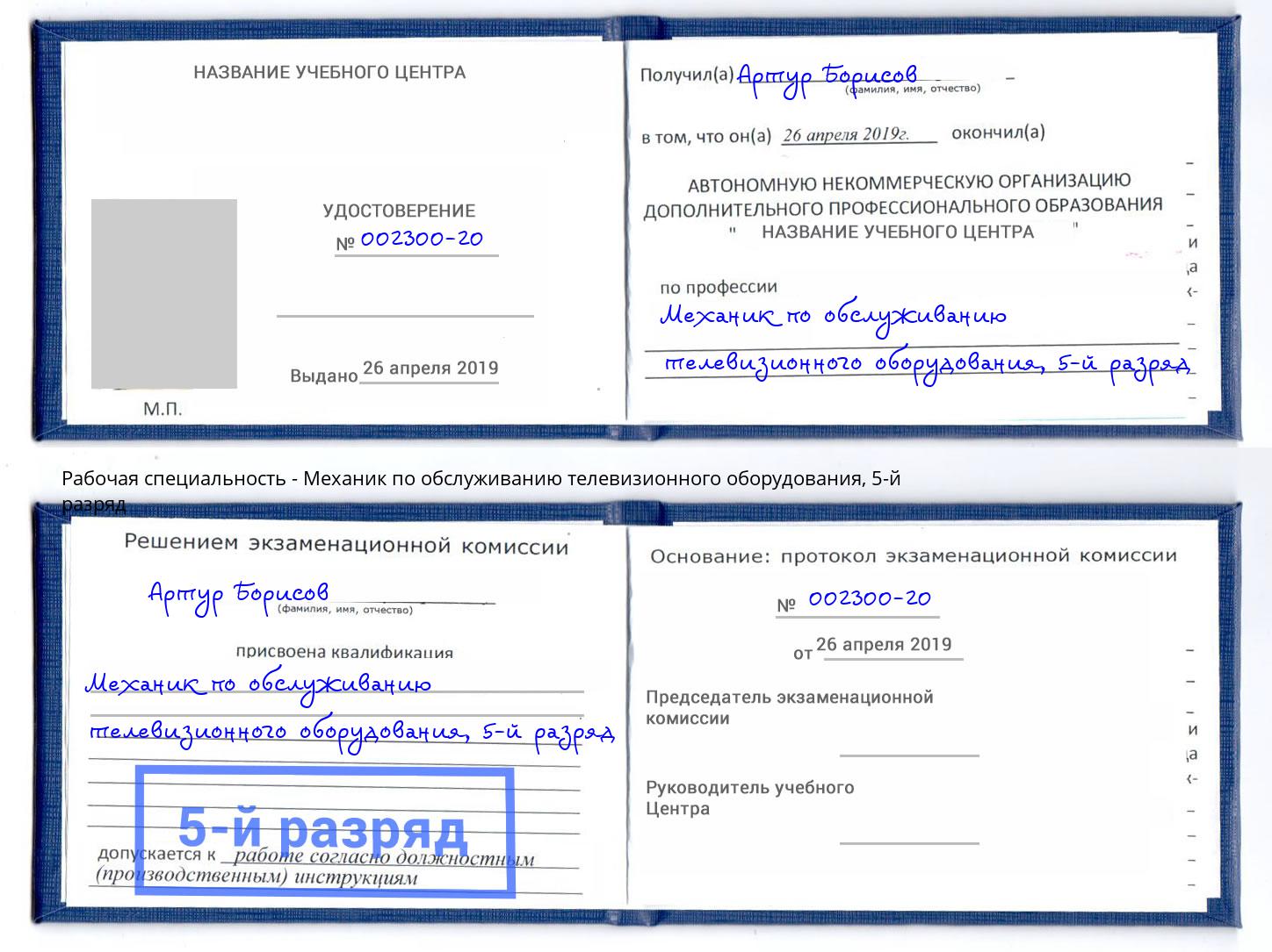 корочка 5-й разряд Механик по обслуживанию телевизионного оборудования Ногинск