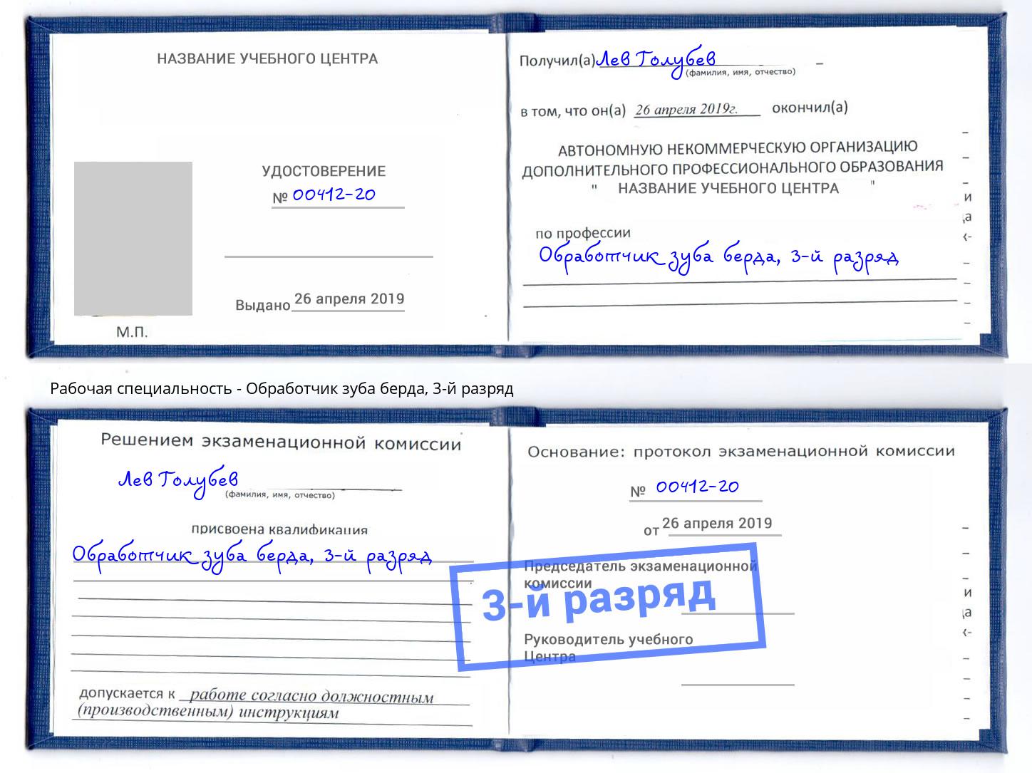 корочка 3-й разряд Обработчик зуба берда Ногинск